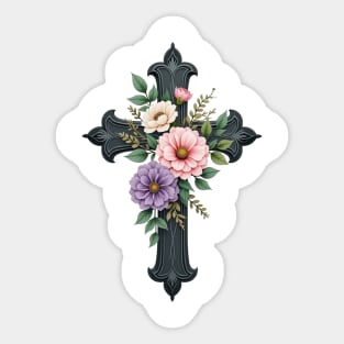 Floral Cross - Inspirational Cross with Flowers and Leaves Sticker